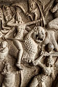 Mamallapuram - Tamil Nadu. the Mahishamardhini cave. The panel of Durga engaging Mahishasura.
